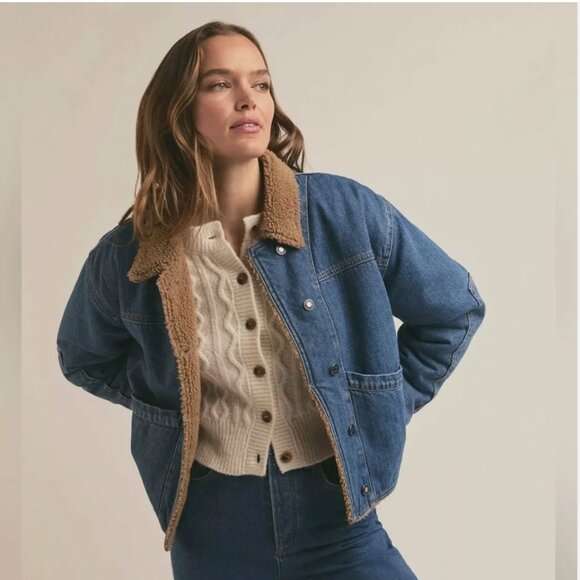 Favorite Daughter Jackets & Blazers - Favorite Daughter Bridget Crop Denim Bomber Jacket Sherpa Lined Concord Relaxed